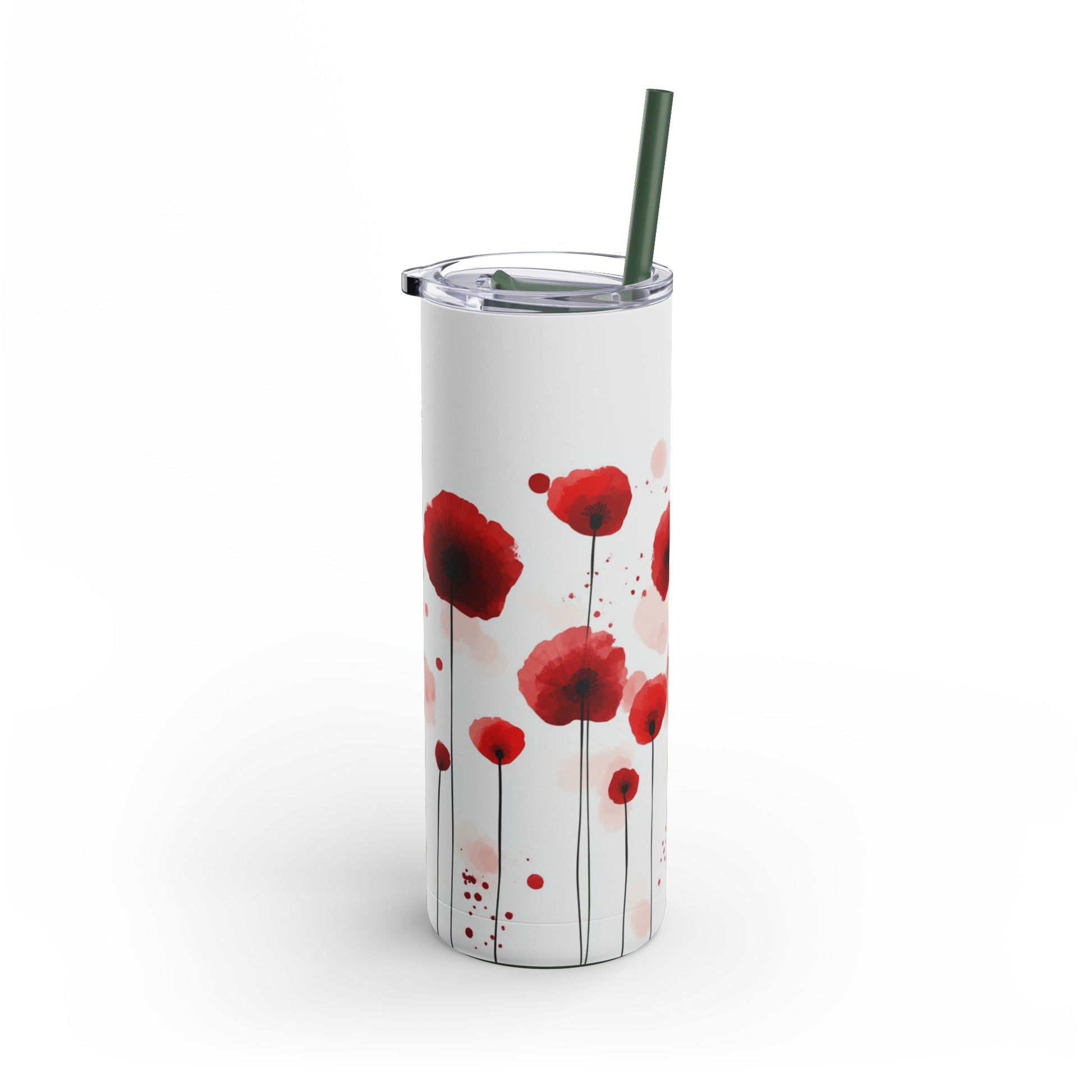 "Poppies Skinny Tumbler with a slim, ergonomic design and a seamless floral print. Fits comfortably in hand and cup holders."