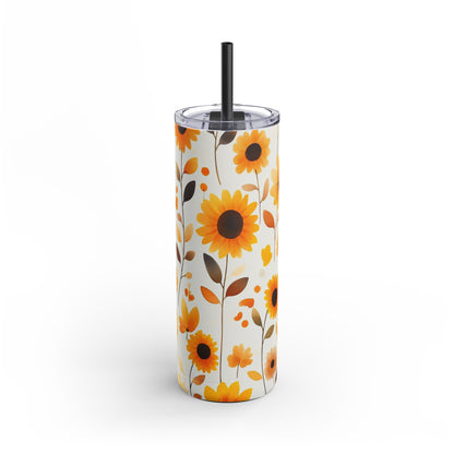 "Sunflower Skinny Tumbler with a soft purple floral design. Sleek and insulated for hot and cold drinks, perfect for daily use."
