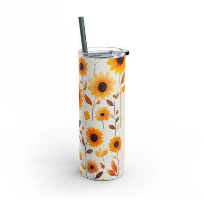 "Sunflower Skinny Tumbler, perfect for travel, work, and home. Lightweight and portable for effortless hydration on the go."