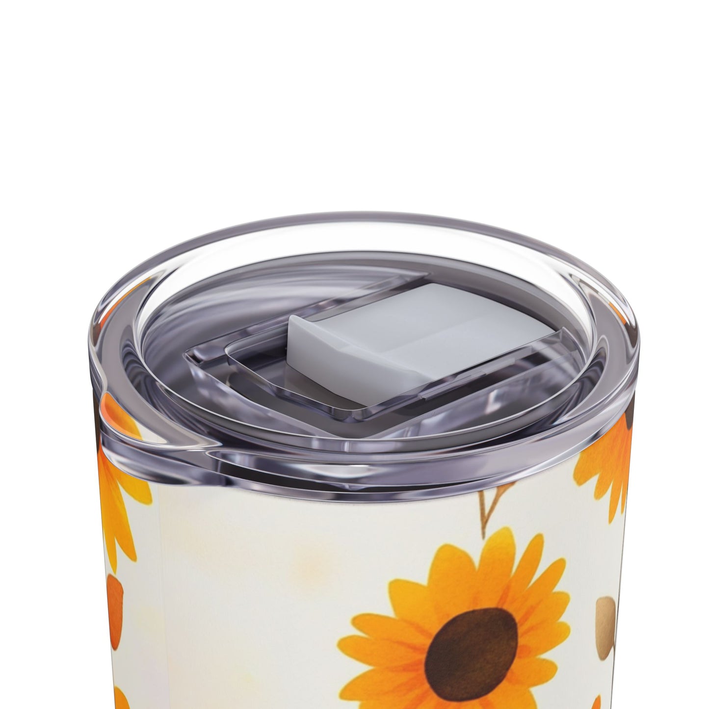 "Sunflower Skinny Tumbler with a secure spill-proof lid and double-wall insulation. Keeps beverages at the ideal temperature for hours."