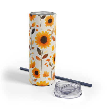 "Sunflower Skinny Tumbler with a soft yellow floral design, perfect for tea, coffee, or iced drinks. Double-wall insulated for temperature retention, ideal for travel, work, or relaxation."