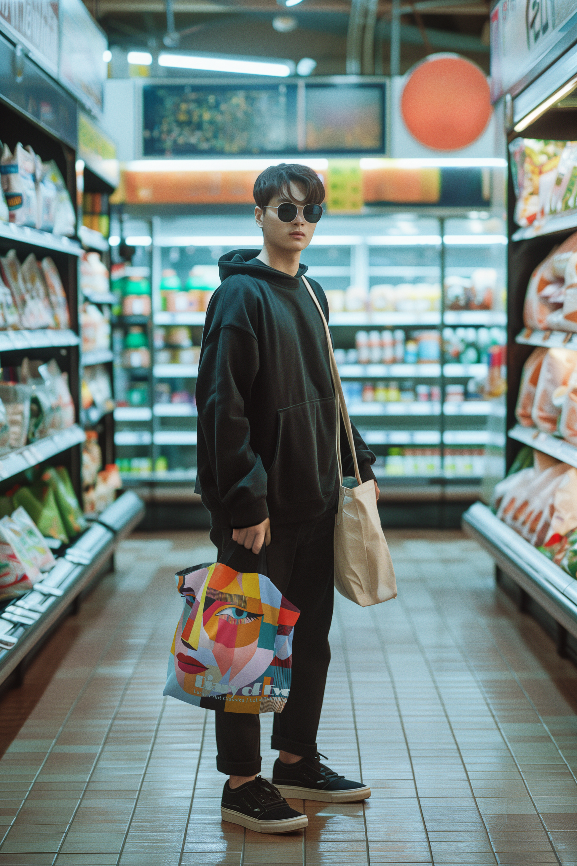 a-man-carrying-Eve-tote-bag-in-a-supermarket