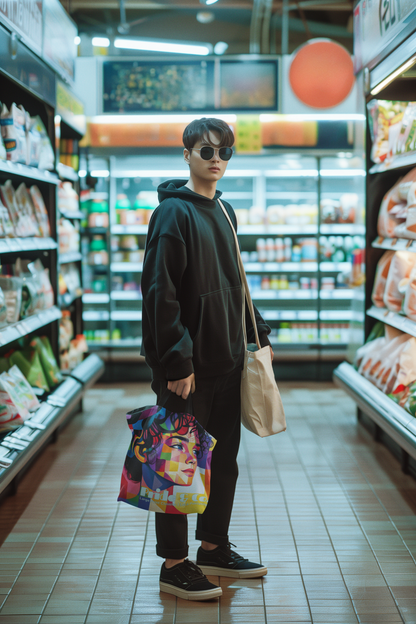 a-man-carrying-Pride&Prejudice-tote-bags-in-a-supermarket