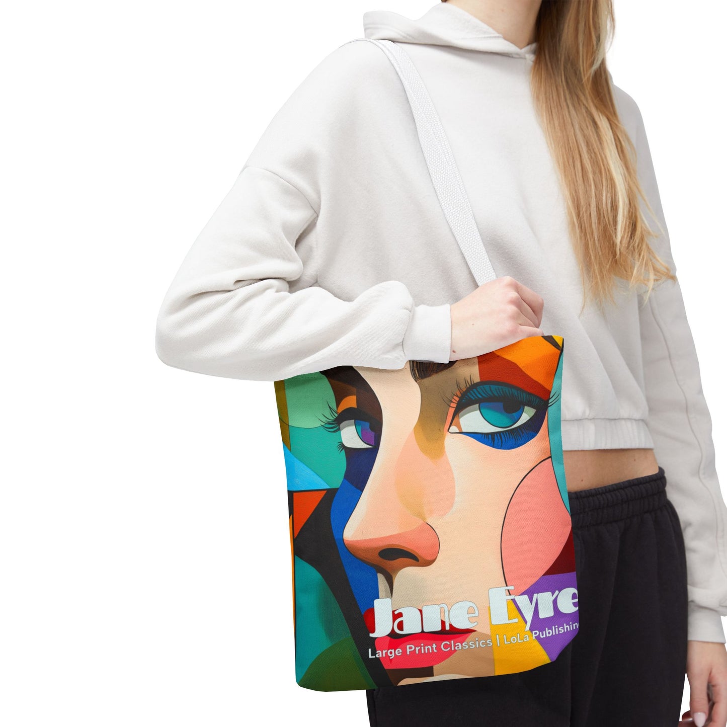 a-woman-posing-with-a-JaneEyre-tote-bag
