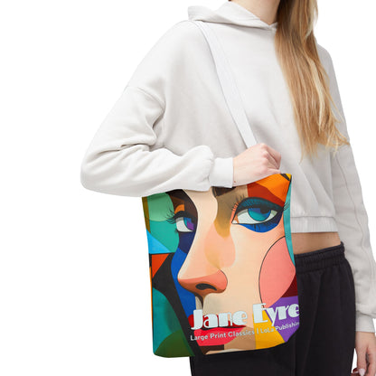 a-woman-posing-with-a-JaneEyre-tote-bag