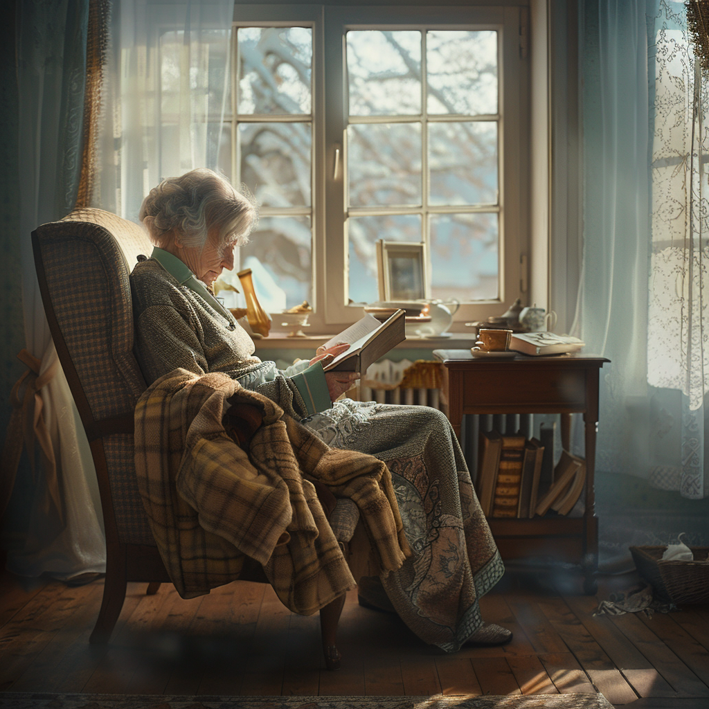 a person sitting in an armchair, by a window, a small table with a cup of tea on a table next to the armchair. The person is reading a book. super realistic photography AI image.