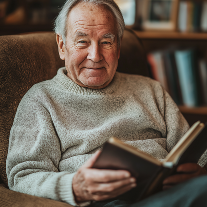An older man sitting in an armchair in a private library, reading a book.
